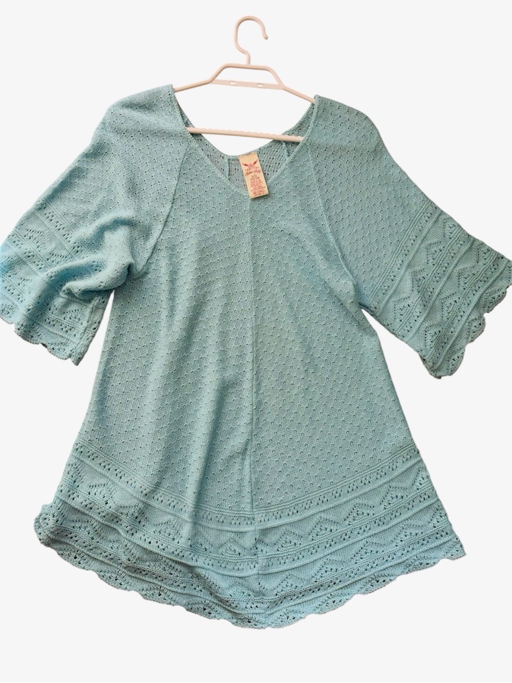 Faded Glory Y2K Knit Mini Dress Blue Open Knit Crochet V-Neck Bell Sleeve Boho